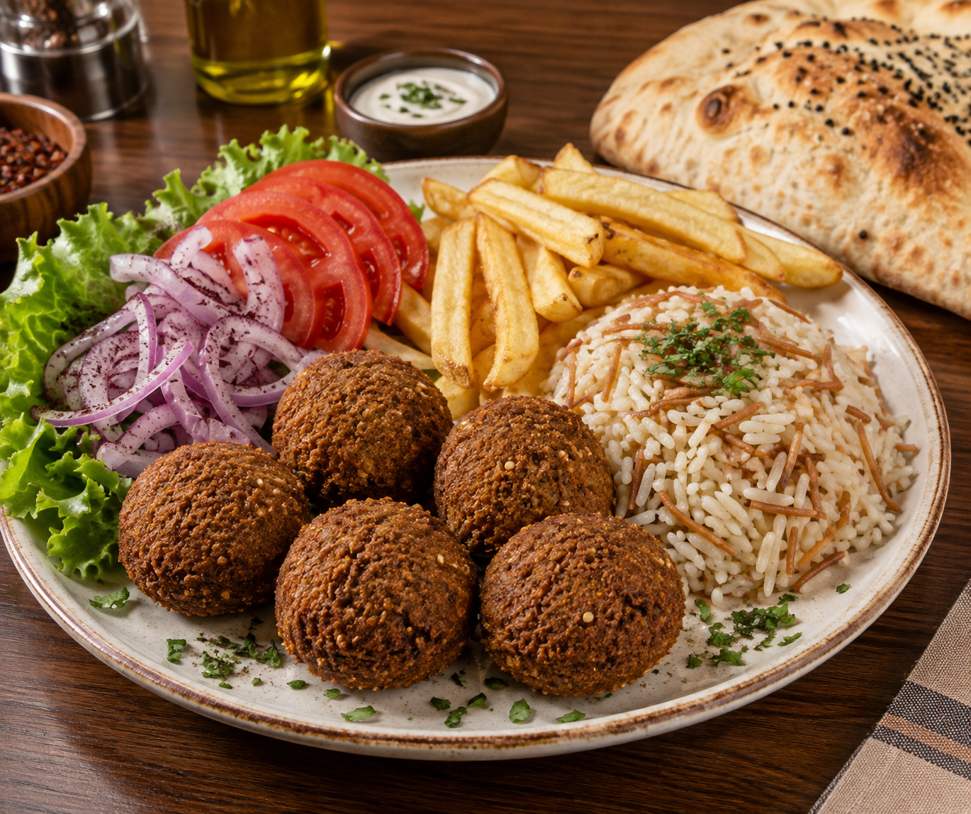 PLATO FALAFEL CON ARROZ y patatas